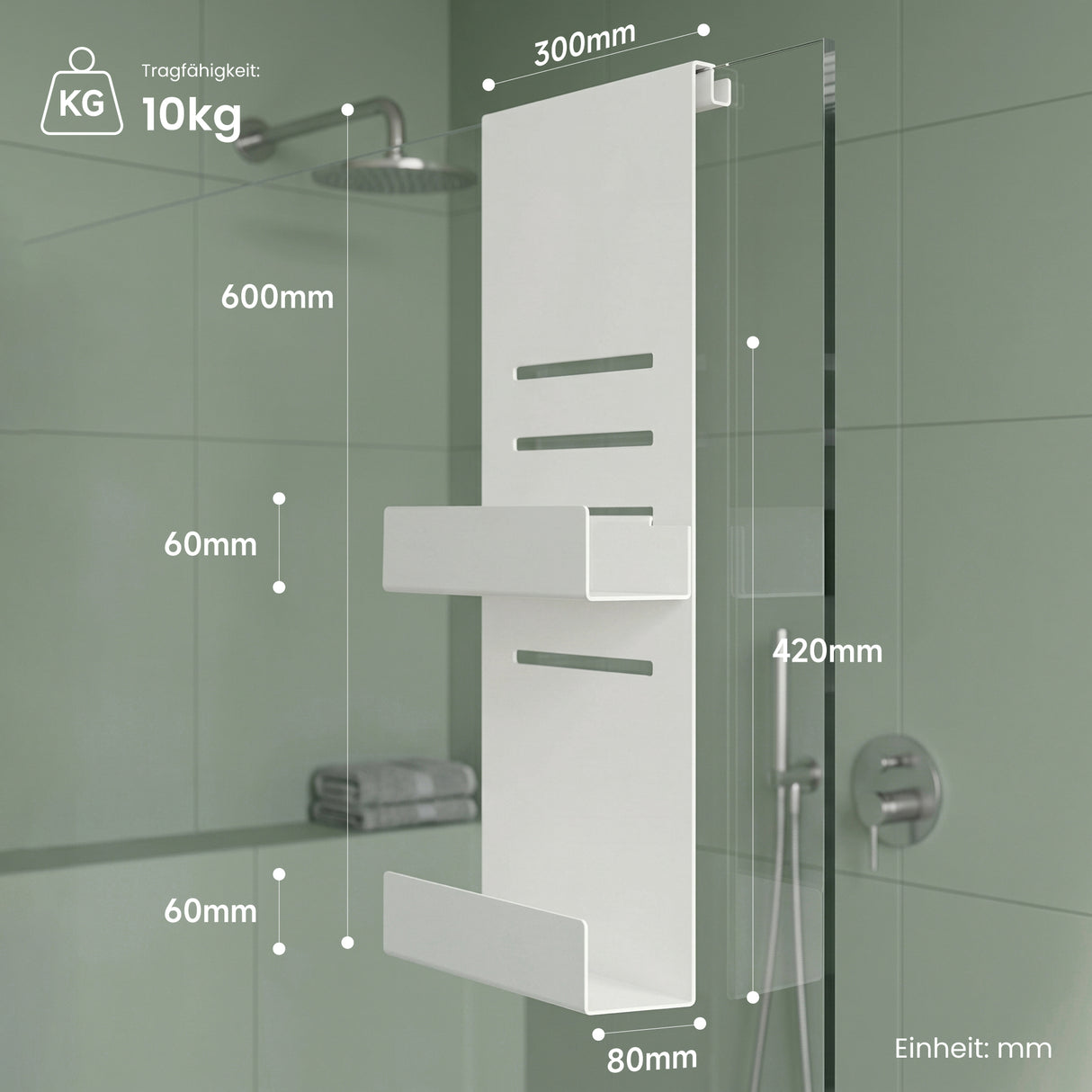 glasvilla Duschablage zum Hängen, Duschregal Ohne Bohren für Glasduschtüren, Hängeregal mit 2 Etagen und 3 Haken, Badezimmer Organizer  Oryne-01