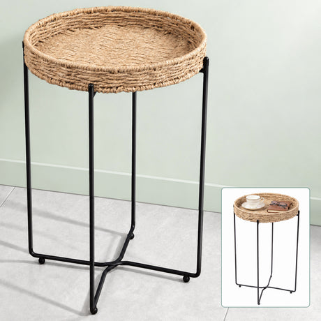 glasvilla Tavolino Salotto Rotondo con Vassoio Rimovibile, Telaio in Metallo Pieghevole, Intrecciato a Mano, Tavolino Moderno per Soggiorno, Camera da Letto, Reglo-08