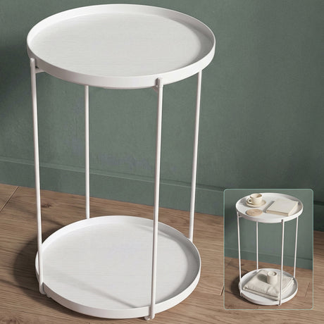 glasvilla Tavolino Salotto Rotondo con Vassoio Rimovibile, Telaio in Metallo Pieghevole, Vassoio di PP, Tavolino Moderno per Soggiorno, Camera da Letto, Reglo-08
