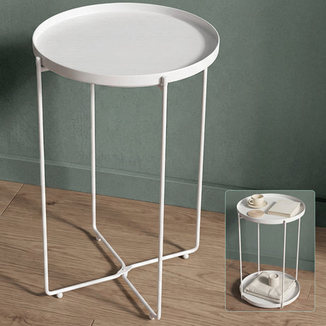 glasvilla Tavolino Salotto Rotondo con Vassoio Rimovibile, Telaio in Metallo Pieghevole, Vassoio di PP, Tavolino Moderno per Soggiorno, Camera da Letto, Reglo-08