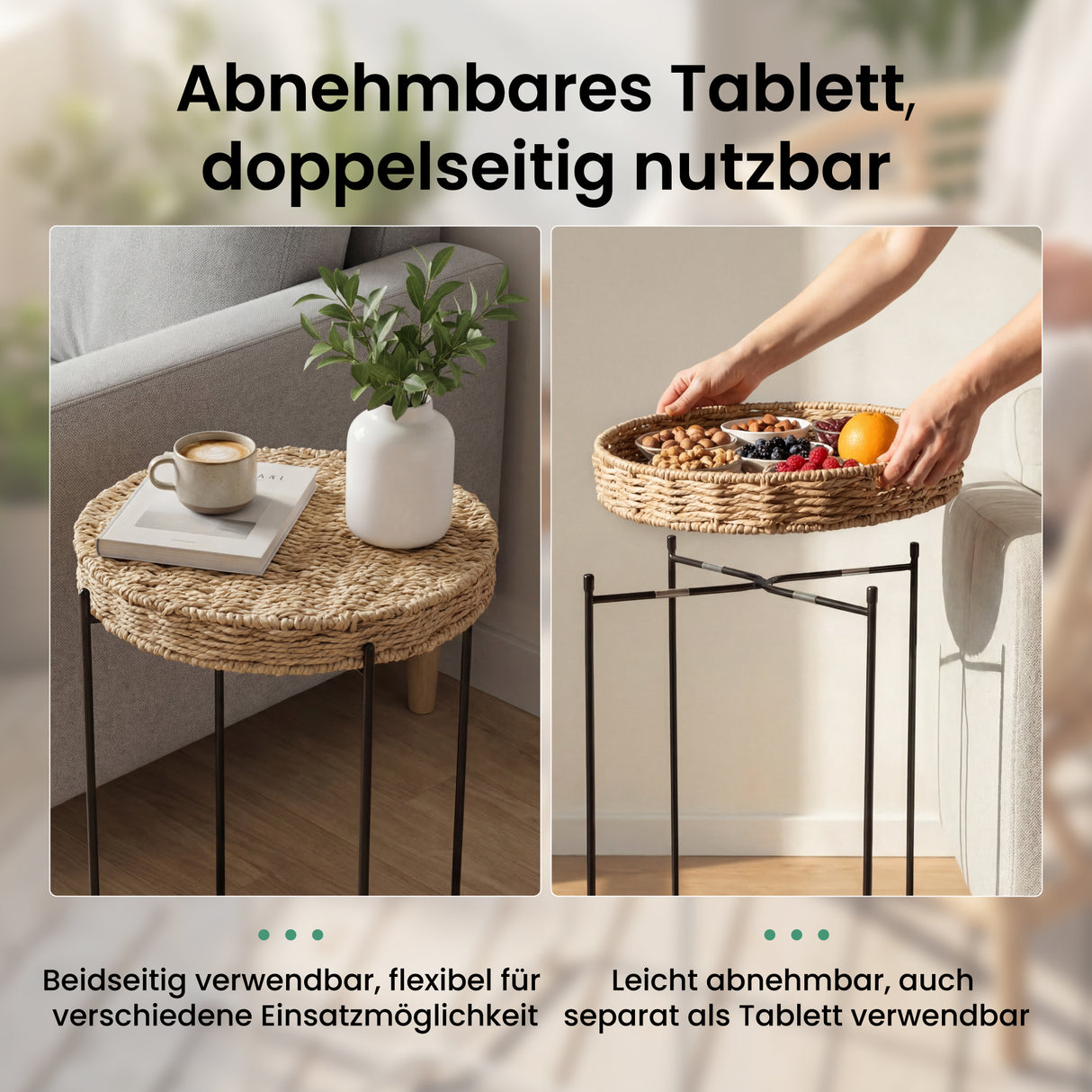 glasvilla Beistelltisch rund , Couchtisch klein mit abnehmbarem Tablett aus Papierkordel, Sofatisch für Wohnzimmer, Schlafzimmer und Balkon,  Reglo-08