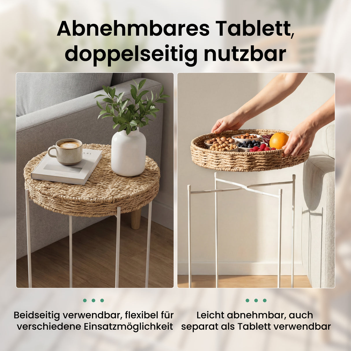 glasvilla Beistelltisch rund , Couchtisch klein mit abnehmbarem Tablett aus Papierkordel, Sofatisch für Wohnzimmer, Schlafzimmer und Balkon,  Reglo-08