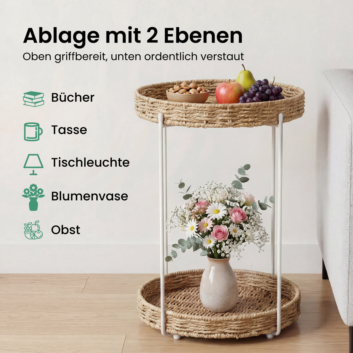 glasvilla Beistelltisch rund , Couchtisch klein mit abnehmbarem Tablett aus Papierkordel, Sofatisch für Wohnzimmer, Schlafzimmer und Balkon,  Reglo-08