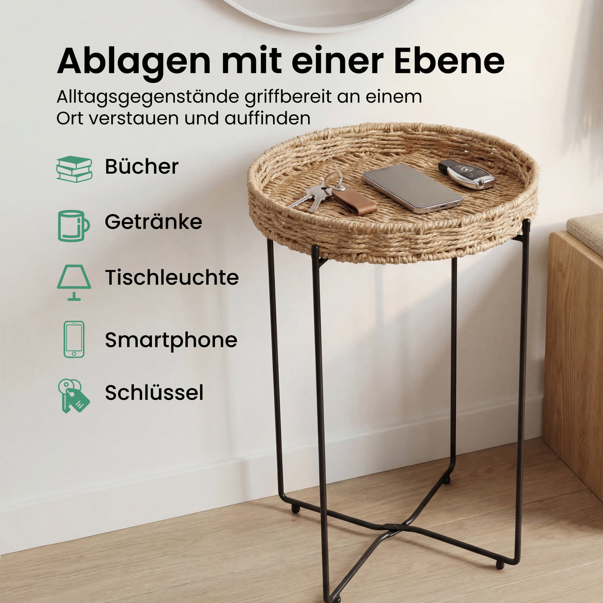 glasvilla Beistelltisch rund , Couchtisch klein mit abnehmbarem Tablett aus Papierkordel, Sofatisch für Wohnzimmer, Schlafzimmer und Balkon,  Reglo-08