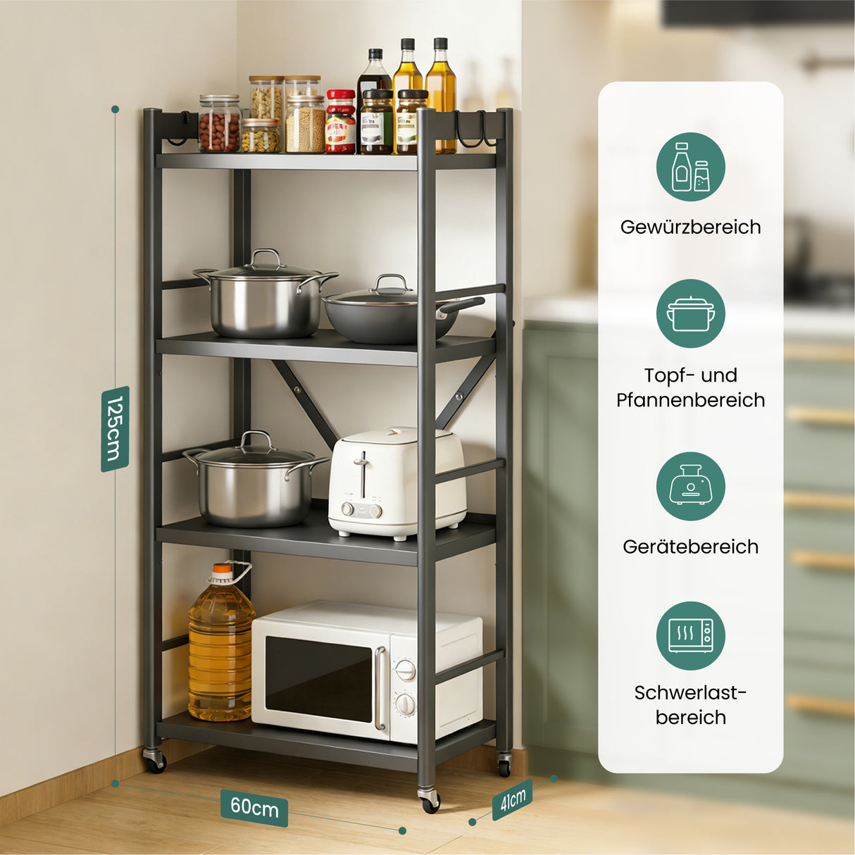 Glasvilla Scaffale da Cucina a 4 Ripiani con Ruote, Carrello da Cucina in Metallo Pieghevole, 4 Ganci Laterali, Portaoggetti per Condimenti, Pentole e Elettrodomestici, Grigio, 60x41x125cm, Reglo-13