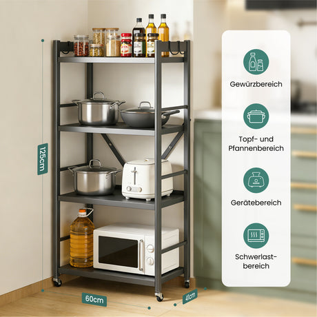 Glasvilla Scaffale da Cucina a 4 Ripiani con Ruote, Carrello da Cucina in Metallo Pieghevole, 4 Ganci Laterali, Portaoggetti per Condimenti, Pentole e Elettrodomestici, Grigio, 60x41x125cm, Reglo-13