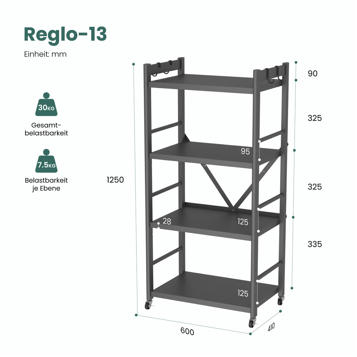 Glasvilla Scaffale da Cucina a 4 Ripiani con Ruote, Carrello da Cucina in Metallo Pieghevole, 4 Ganci Laterali, Portaoggetti per Condimenti, Pentole e Elettrodomestici, Grigio, 60x41x125cm, Reglo-13