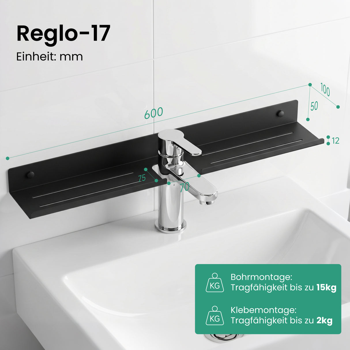 Glasvilla Duschregal zum Bohren oder Kleben, Waschbeckenregal über Wasserhahn, Wandregal für Küche und Bad, Badezimmer Organizer  Reglo-17