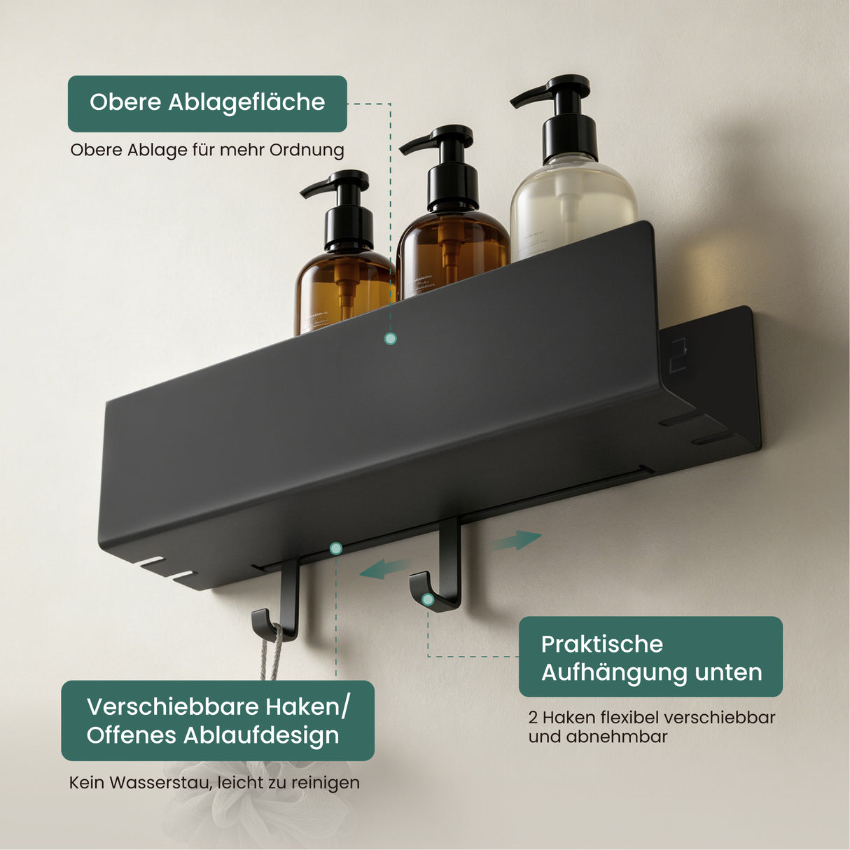 glasvilla Duschablage ohne Bohren mit 2 Schiebehaken,  Reglo-18 40cm | Duschregal ohne Bohren oder mit Bohren, Ablaufdesign Badezimmer Organizer, Metall, Shampoo Halterung für Dusche, Bad & Küche
