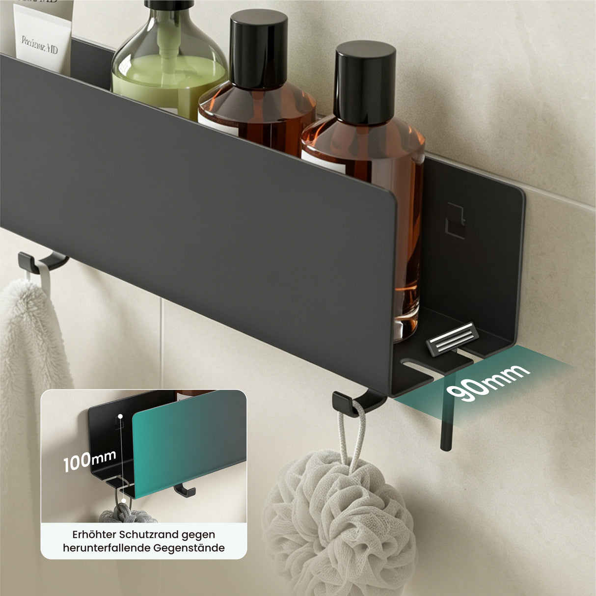 glasvilla Duschablage ohne Bohren mit 2 Schiebehaken,  Reglo-18 40cm | Duschregal ohne Bohren oder mit Bohren, Ablaufdesign Badezimmer Organizer, Metall, Shampoo Halterung für Dusche, Bad & Küche