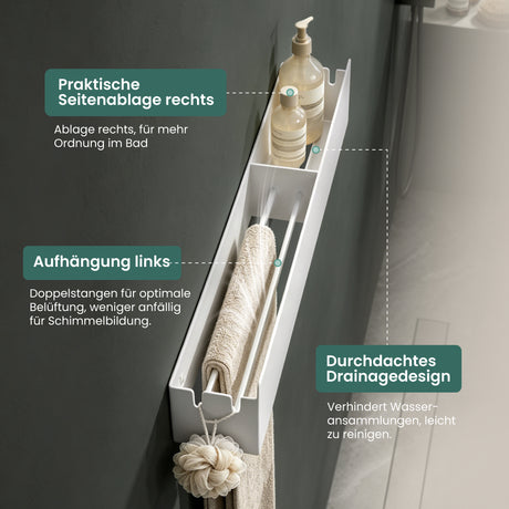 glasvilla Duschablage ohne Bohren mit Handtuchhalter, 60cm  Reglo-18 | Duschregal ohne Bohren oder mit Bohren, Drainage, Duschablage zum Hängen, Metall, Shampoo Halterung für Dusche, Bad, Küche
