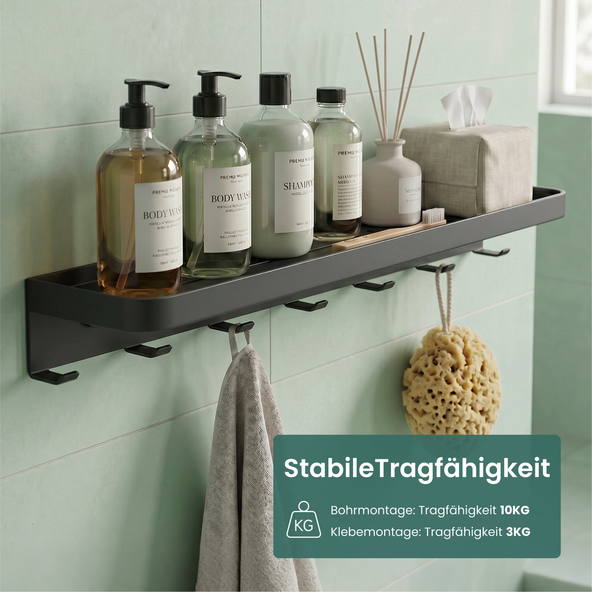 glasvilla Wandgarderobe mit Ablage, Garderobenleiste  50cm, Reglo-20 | Inkl.7 Garderobenhaken; als Wandhaken oder Kleiderhaken, Klebe- oder Bohrmontage, für Bad, Küche, Flur
