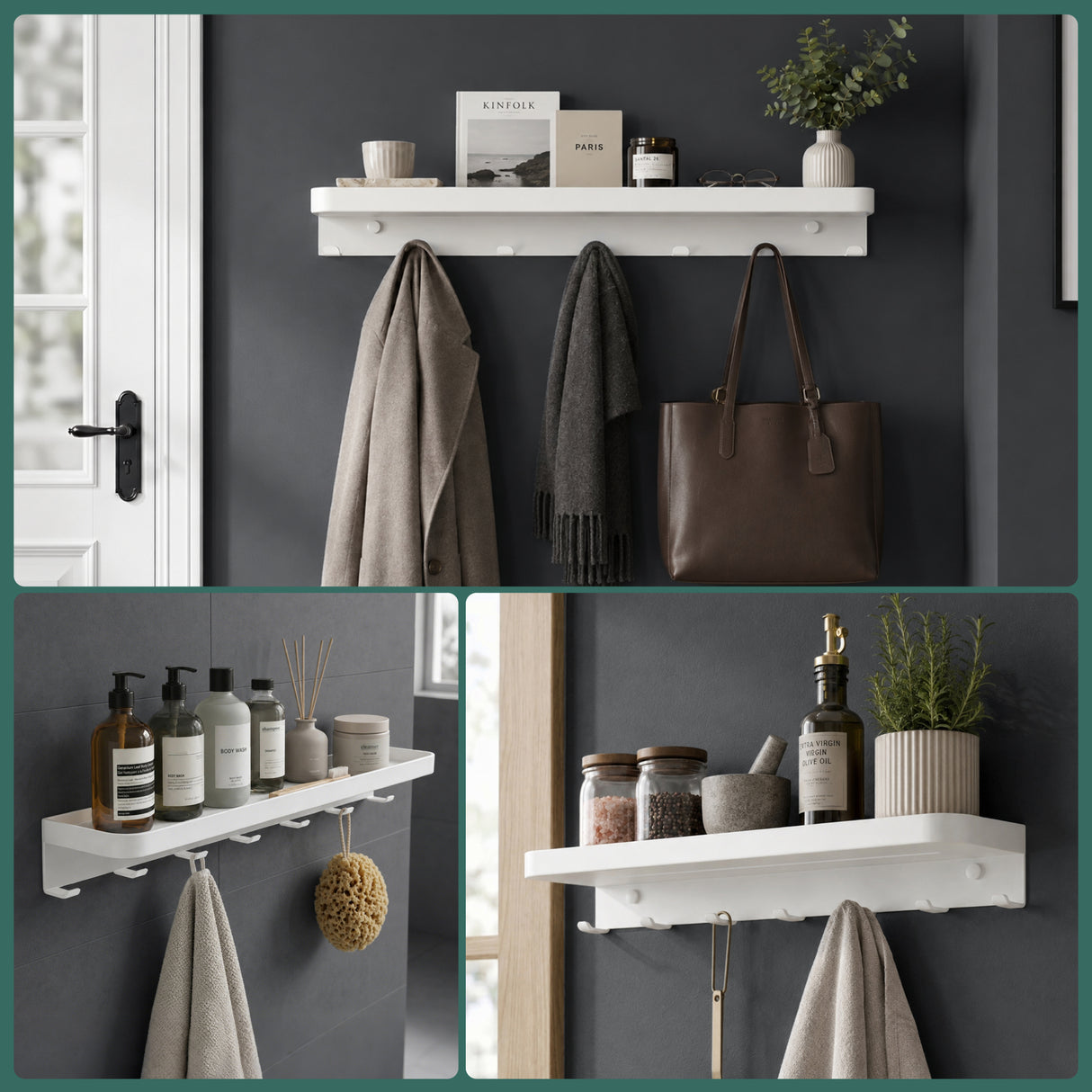 glasvilla Wandgarderobe mit Ablage, Garderobenleiste  50cm, Reglo-20 | Inkl.7 Garderobenhaken; als Wandhaken oder Kleiderhaken, Klebe- oder Bohrmontage, für Bad, Küche, Flur