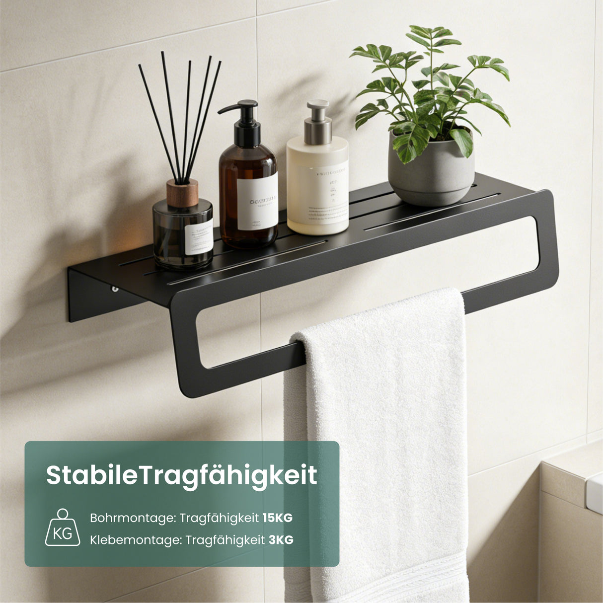 glasvilla Handtuchhalter mit Ablage , Handtuchstange Wandmontage zum Bohren oder Kleben, Handtuchaufhänger für Badezimmer und Küche  Tavrin-04