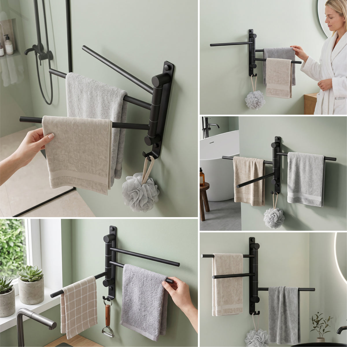 glasvilla Handtuchhalter 180° Schwenkbar 3-armig aus Edelstahl  Handtuchhalterung Badetuchhalter ohne Bohren oder mit Bohren, 3-Stangen Handtuchstange für Bad und Küche, Tavrin-06