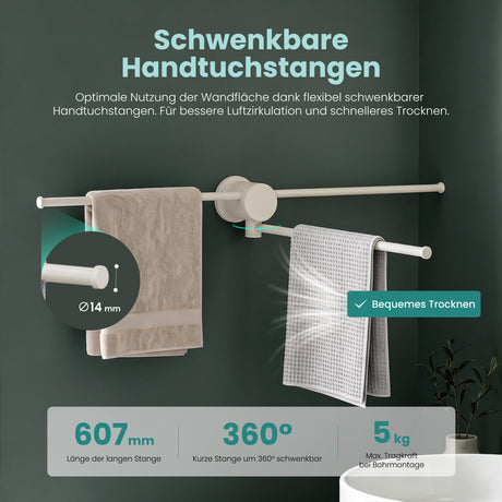 glasvilla Handtuchhalter ohne Bohren, 360° schwenkbar,  Wand-Handtuchhalter aus Aluminium, 60,7 cm, selbstklebend oder zum Bohren, verstellbar, für Hand- & Badetücher, Tavrin-08