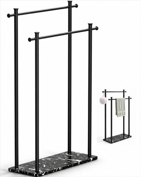 glasvilla Handtuchständer freistehend mit 2 Stangen, Handtuchhalter stehend Handtuchhalter ohne Bohren 55 × 20 × 82,5 , Edelstahl, Mineralstein-Sockel mit Ablage, Tavrin-09