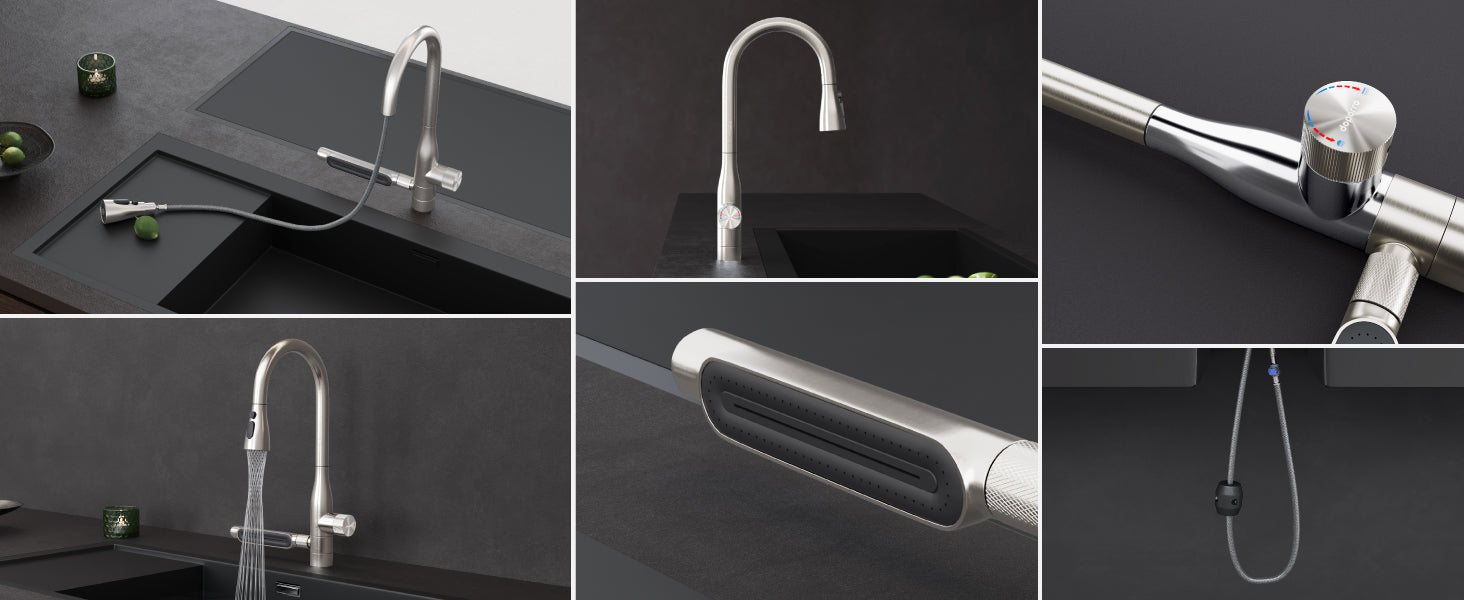 glasvilla Wasserhahn Küche mit Wasserfallstrahl, Spültischarmatur Küchenarmatur, Mischbatterie mit Einhebelmischer 360° Schwenkbar, Küchenwasserhahn aus Edelstahl Silber Turnix-03