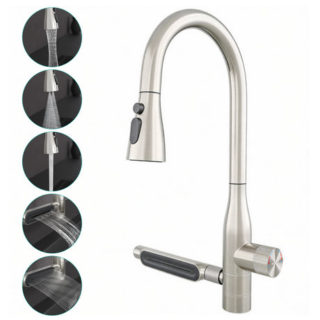 glasvilla Rubinetto per Cucina, 5 Modalità con Doccetta Estraibile, Rubinetto Lavello Cucina in Acciaio Inossidabile 304 con Cartuccia Ceramica, Tubi e Accesorri, Design Moderno Argento Turnix-03