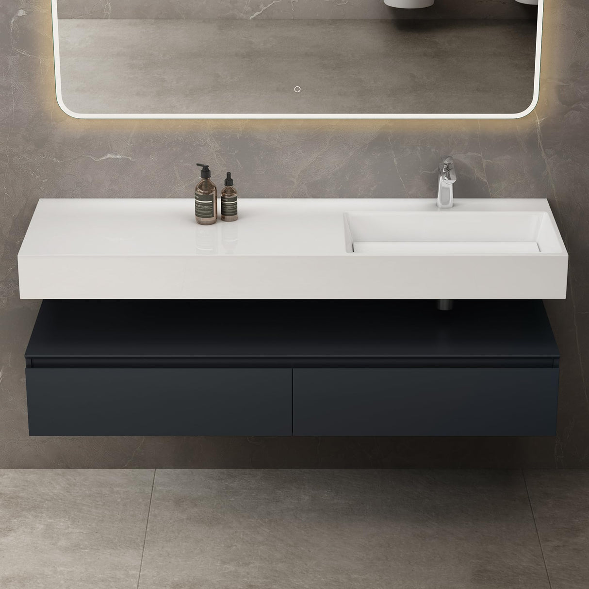 glasvilla Mobile Bagno Sospeso 150x48x25cm con Cassetti a Chiusura Soft-Close Mobile da Bagno con Lavabo da Marmo Fuso UP