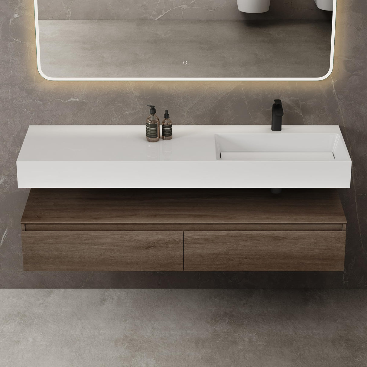 glasvilla Mobile Bagno Sospeso 150x48x25cm con Cassetti a Chiusura Soft-Close Mobile da Bagno con Lavabo da Marmo Fuso UP