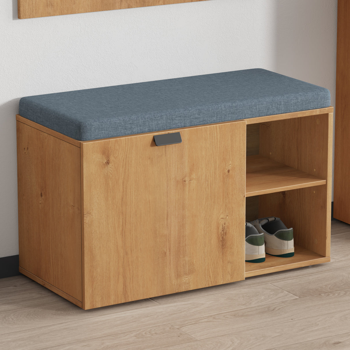 glasvilla Schuhbank mit Sitzfläche, Schuhregal mit Schiebetüren und offenen Fächern, gepolsterter Sitz, verstellbare Ablagen  80x37x50cm Zitta-01