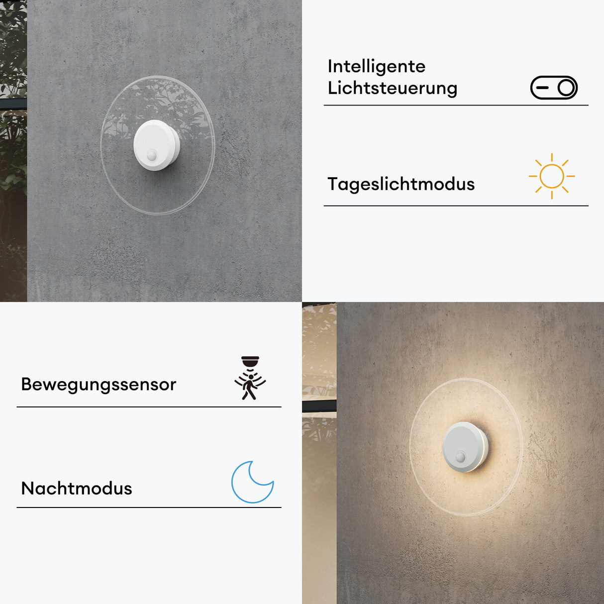 glasvilla lampada da parete per esterni 6W LED lampada da parete | Lampada da giardino per esterni, 3000K con sensore di movimento | Lampada da esterno ⌀300X65mm IP65 LunaLights 