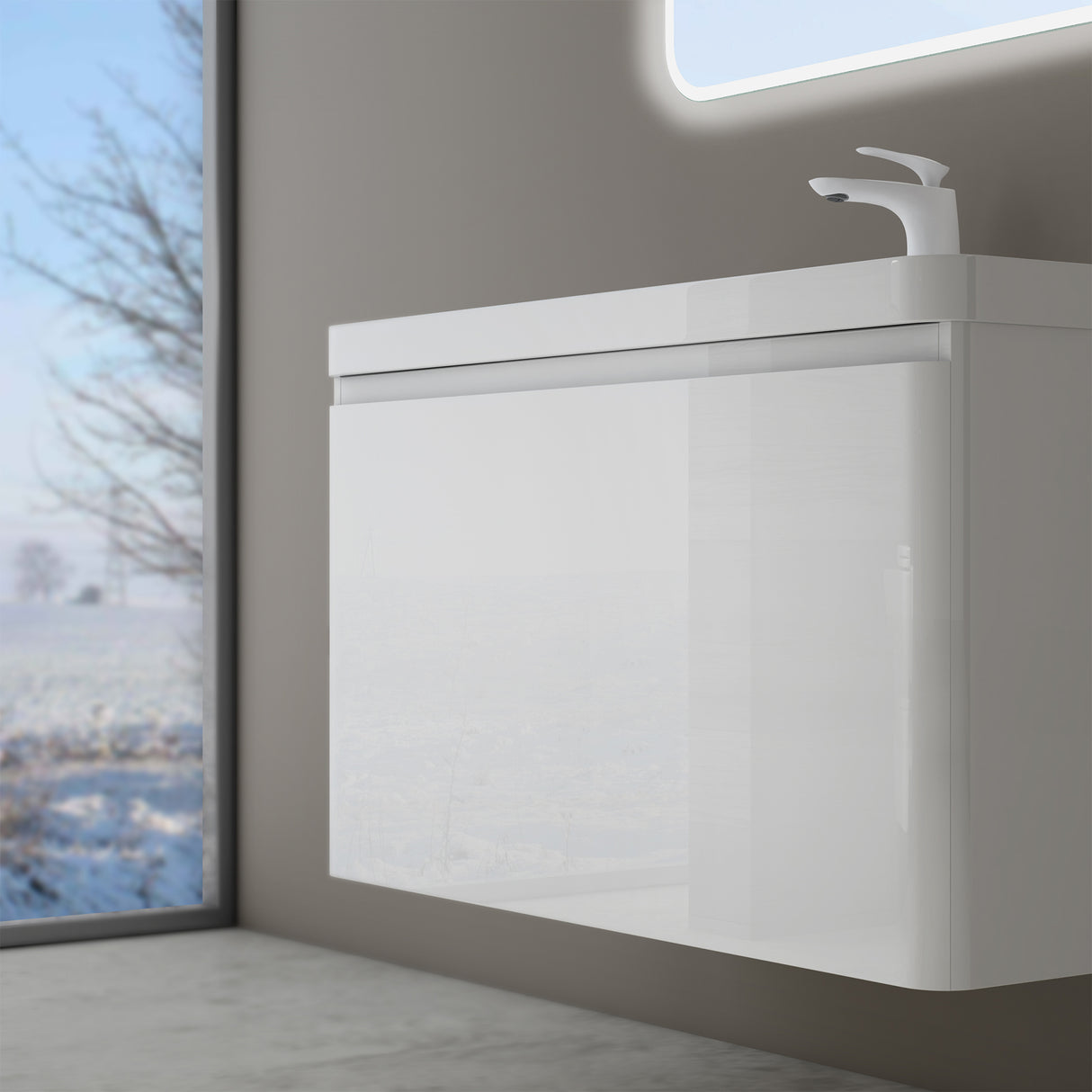 glasvilla Mobile Bagno Sospeso Mobile da Bagno con Cassetto a Chiusura Soft Close e Lavabo da Marmo fuso, Ancona