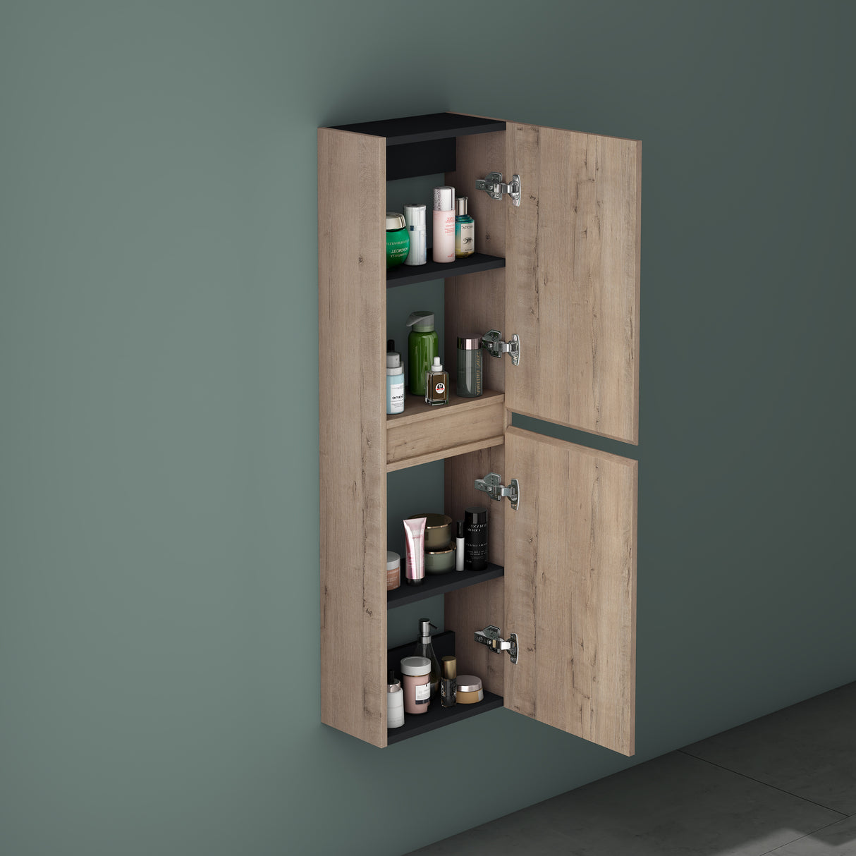 Glasvilla Verona – Armario auxiliar de baño suspendido con 2 puertas y 4 compartimentos (35×20×120 cm)