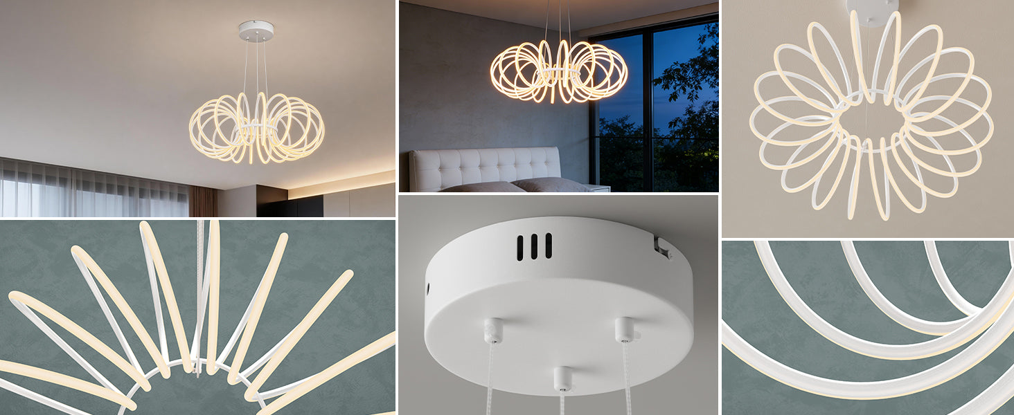 glasvilla Lampadario a Sospensione 120W, Lampada in Alluminio con Filo 100 CM, Altezza Regolabile, Lampada da Soffitto a Sospensione per Camera da Letto e Soggiorno, 61cm, Bianco Sabbia, Nuvora05