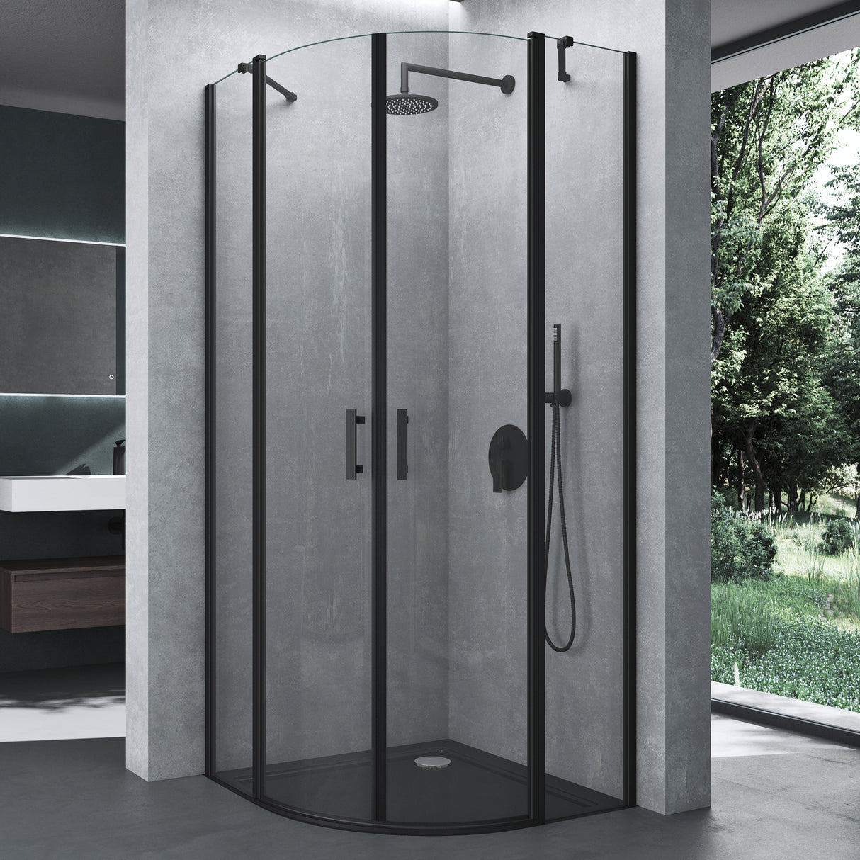 Box doccia Glasvilla a quarto di cerchio con 2 porte pivotanti, vetro di sicurezza ESG, rivestimento nano, Ravenna52K Nero