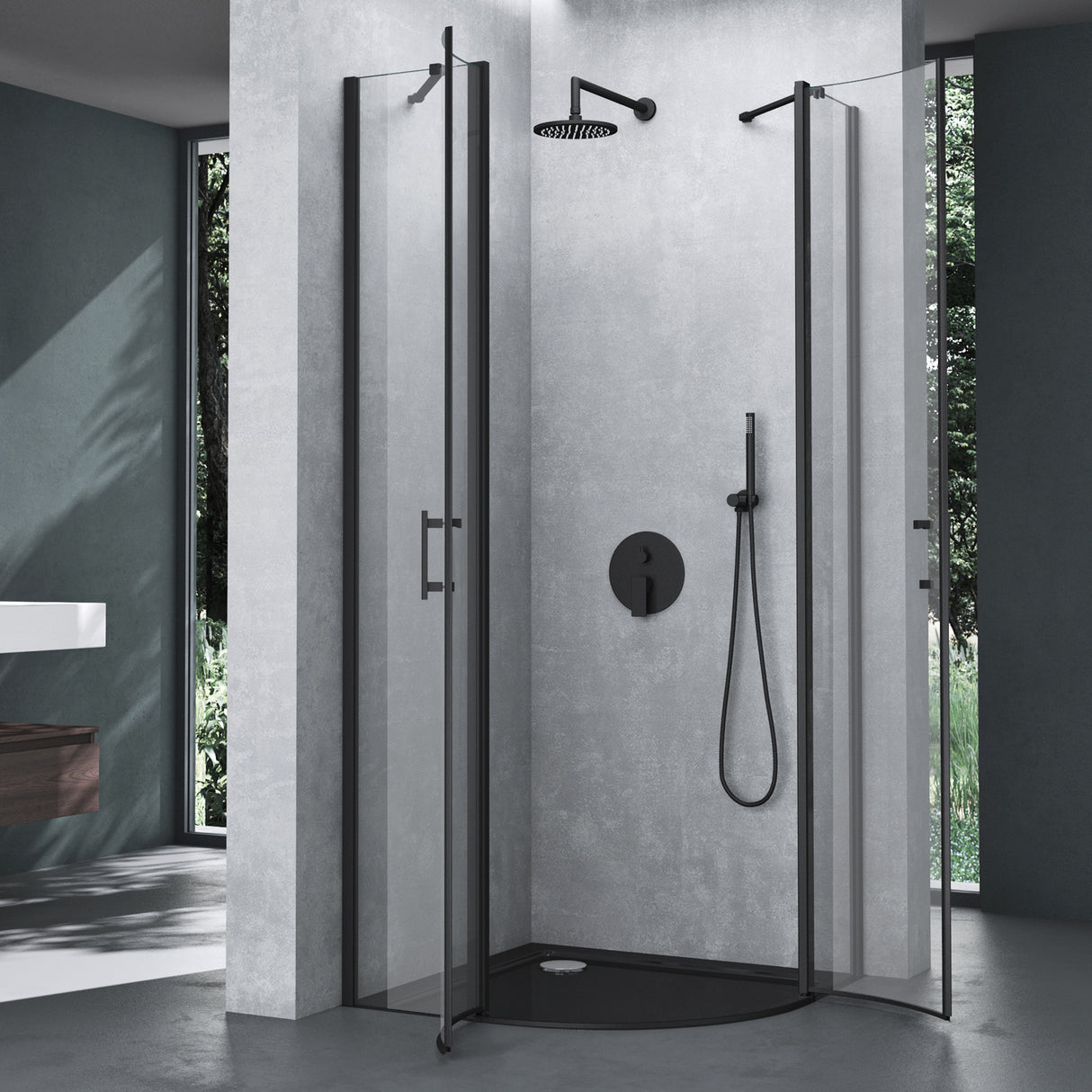 Box doccia Glasvilla a quarto di cerchio con 2 porte pivotanti, vetro di sicurezza ESG, rivestimento nano, Ravenna52K Nero