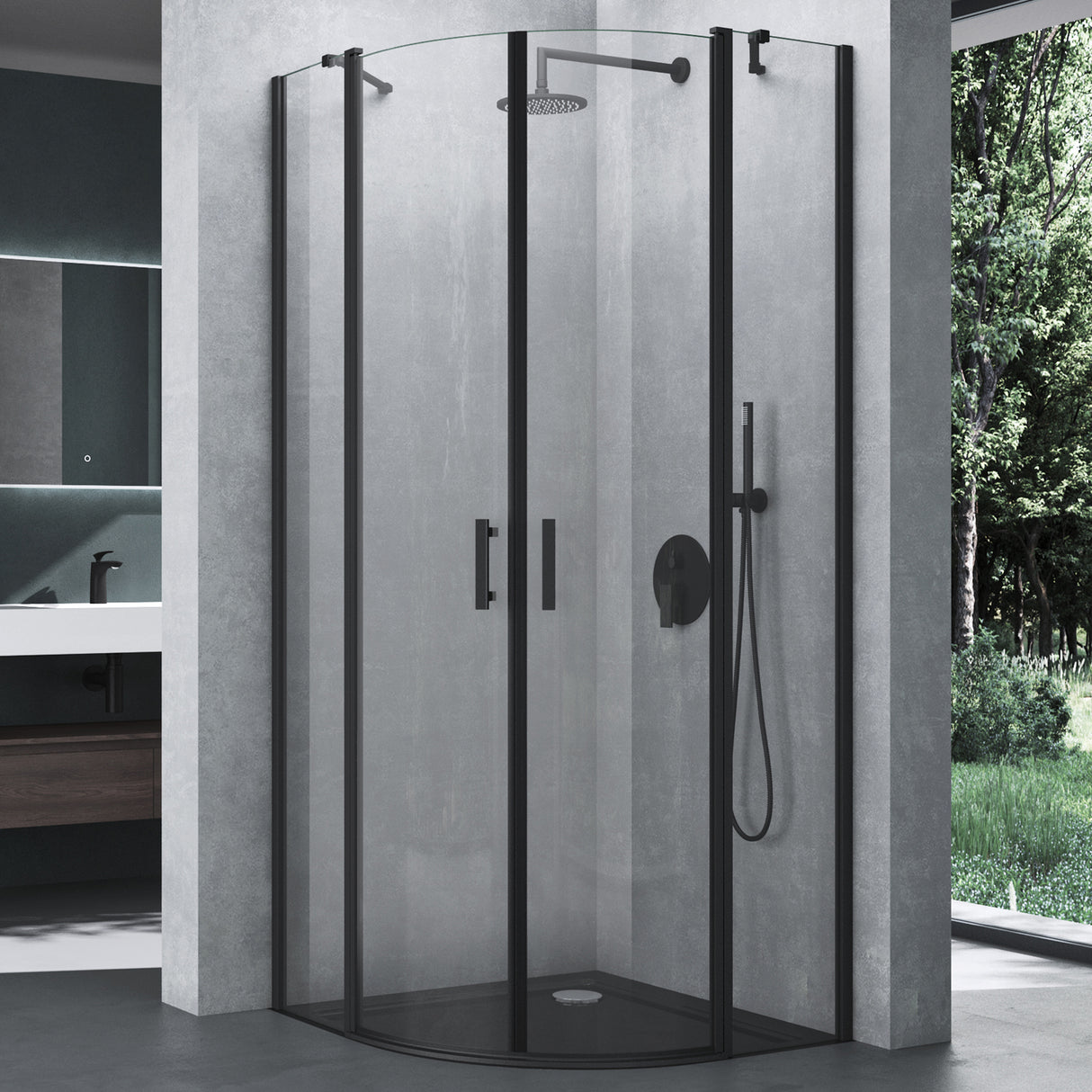 Box doccia Glasvilla a quarto di cerchio con 2 porte pivotanti, vetro di sicurezza ESG, rivestimento nano, Ravenna52K Nero