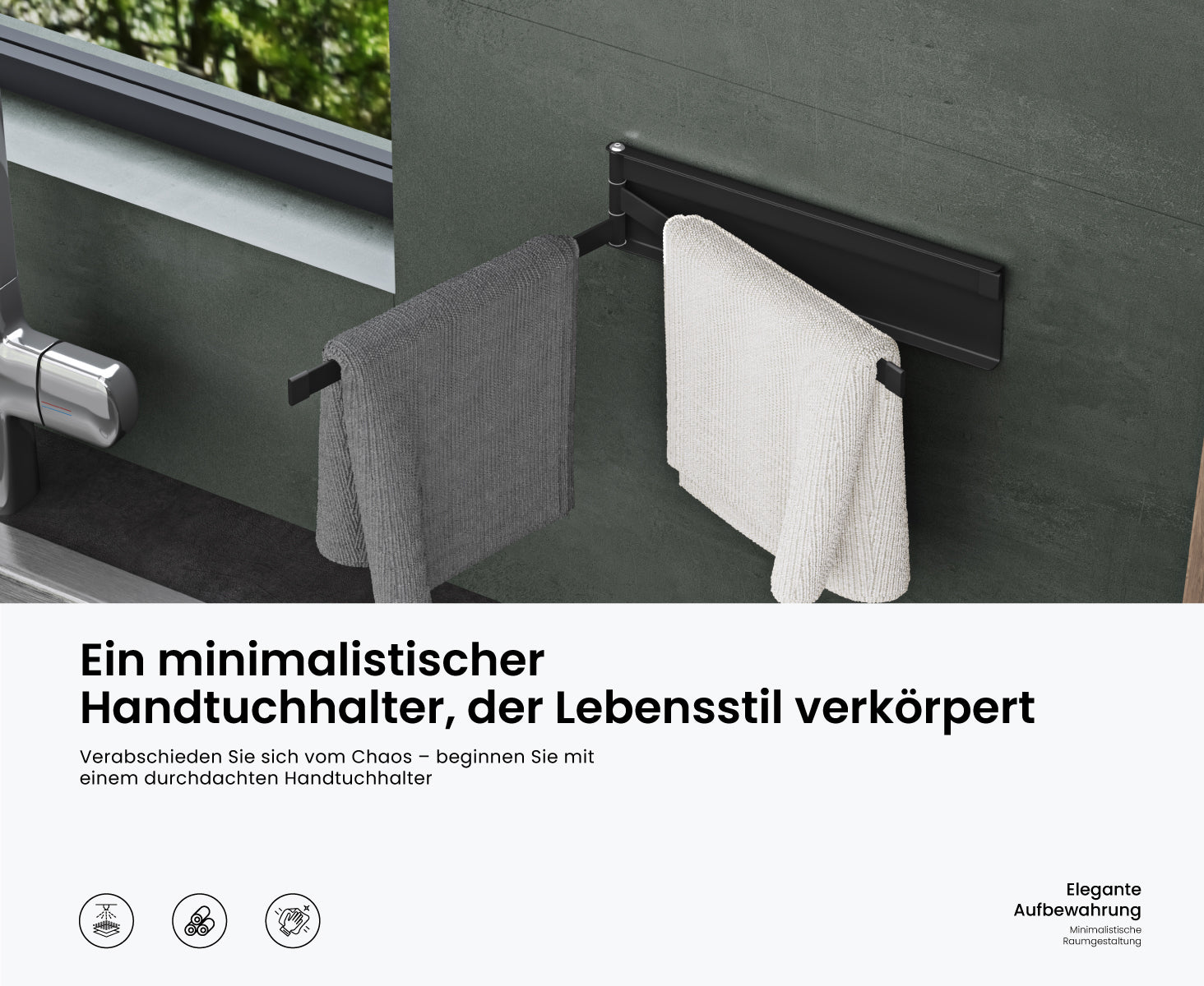 glasvilla Handtuchhalter ohne Bohren, 180° schwenkbar mit 3 Armen, Handtuchstange selbstklebend oder magnetisch, Badetuchhalter für Bad und Küche Folda-02