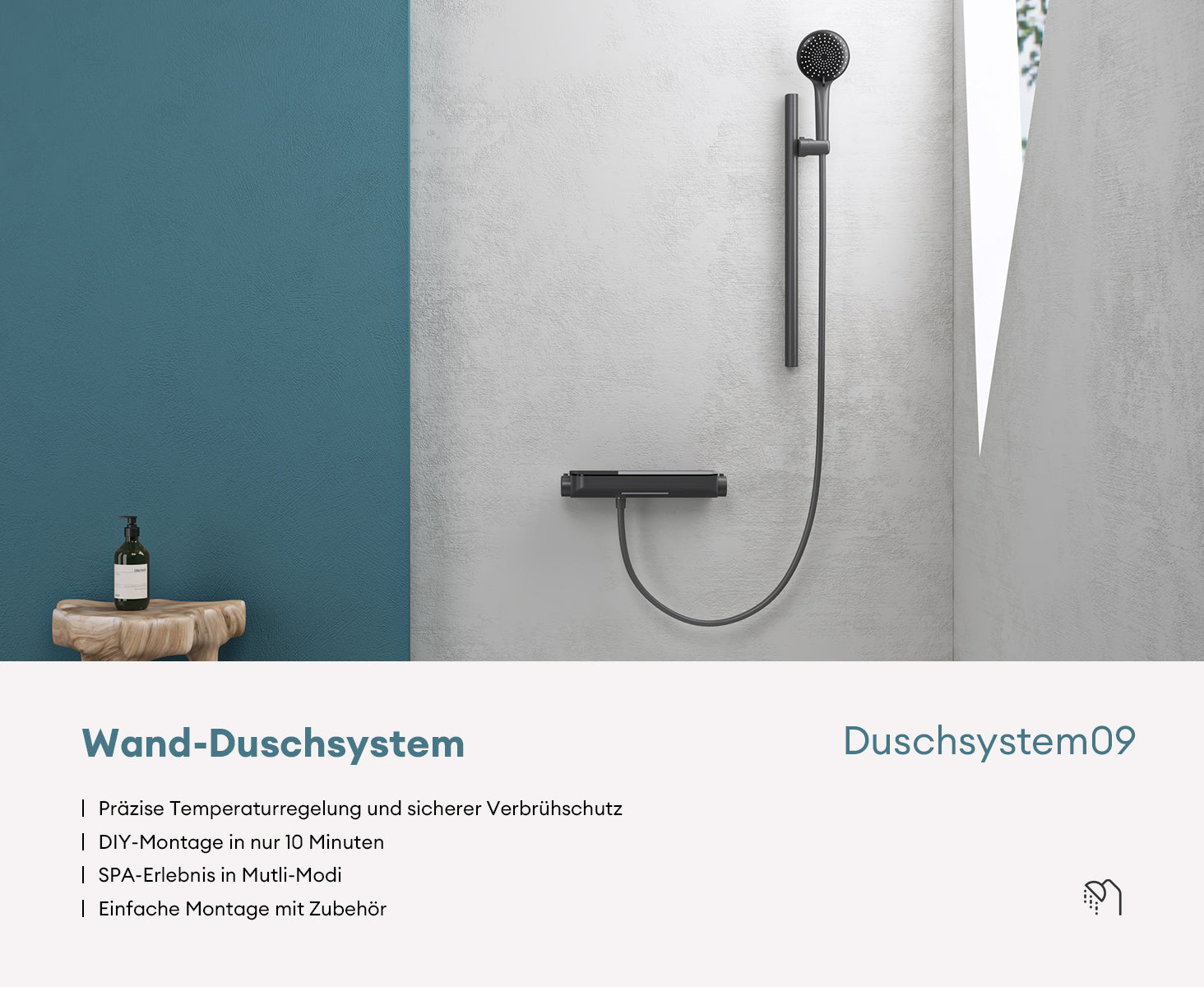 Glasvilla Design, Sistema de ducha con termostato y bloqueo de seguridad, rociador y teleducha regulable (3 tipos de chorro)
