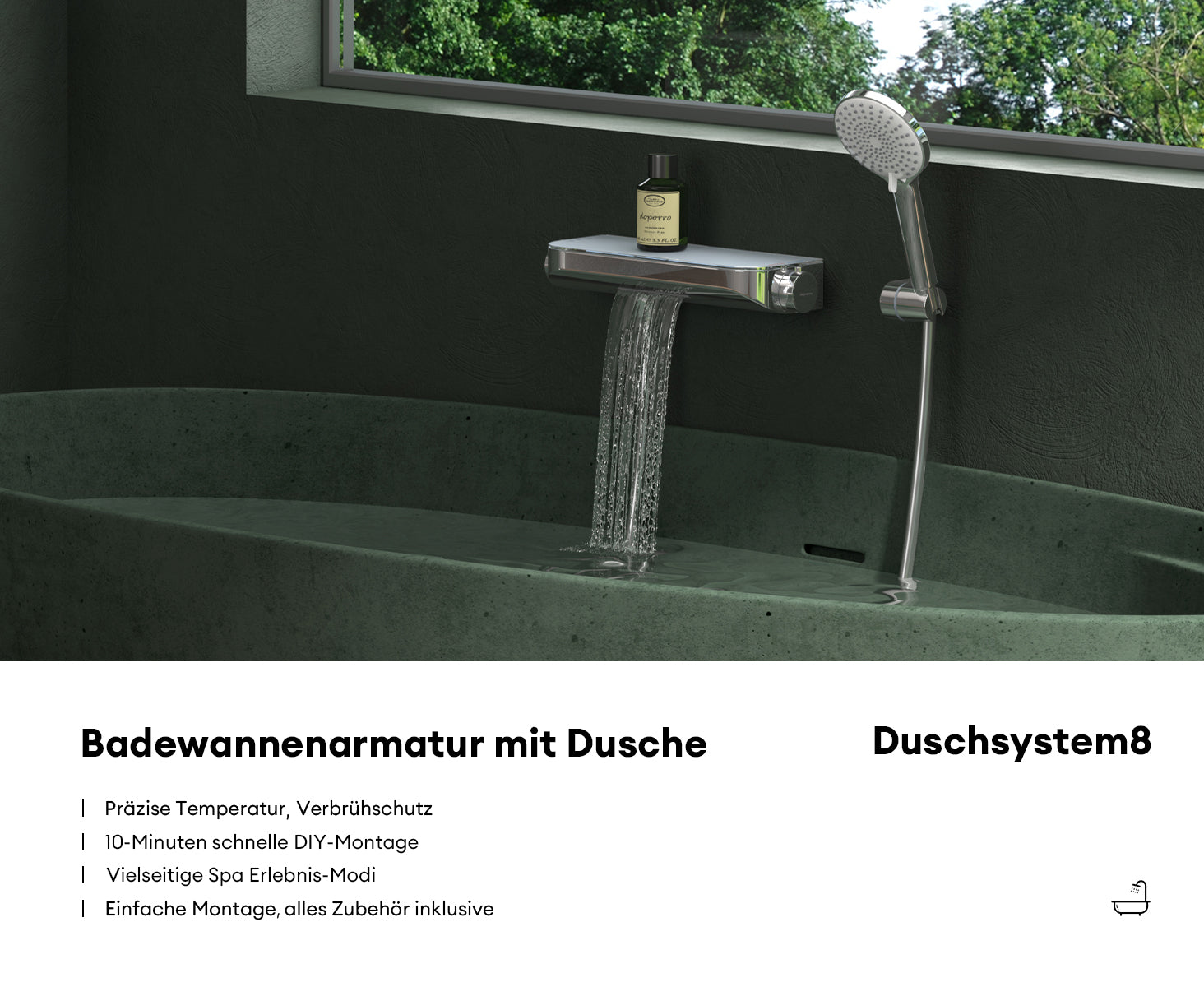 glasvilla Thermostat Badewannenarmatur mit Handbrause Wannenarmatur Wannenthermostat 4 Strahlarten Wandarmatur für Badewanne aus Messing inkl. Brauseschlauch Duschsystem8 Oryntex-03