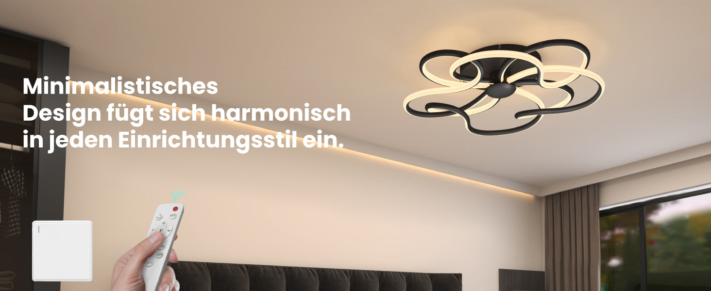 glasvilla LED Deckenleuchte Deckenlampe mit Fernbedienung 64cm, Stufenlos dimmbar 3000-6400K, Zimmerlampe 112W Schwarz für Schlafzimmer, Wohnzimmer, Arbeitszimmer, Flur Alivetta25036