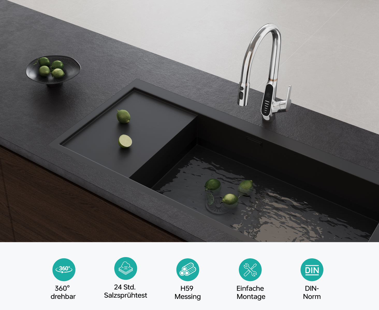 glasvilla Rubinetto da Cucina Estraibile con 3 Modalità e di Getto e Display digitale a LED Rubinetto per Lavello con Tubi e Accesorri Ruotabile a 360° MS-8085