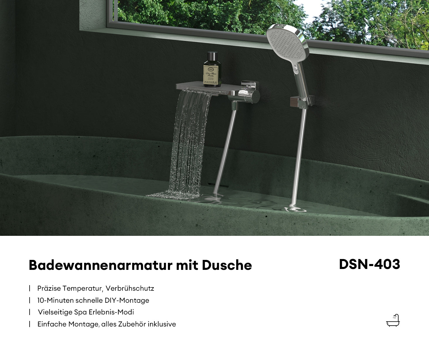 glasvilla Badewannenarmatur mit Handbrause Wasserfall Wannenarmatur Strahlarten Handbrause aus Messing inkl. Brausestange und Brauseschlauch