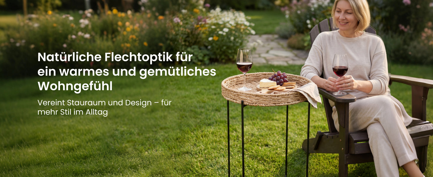 glasvilla Beistelltisch rund , Couchtisch klein mit abnehmbarem Tablett aus Papierkordel, Sofatisch für Wohnzimmer, Schlafzimmer und Balkon,  Reglo-08