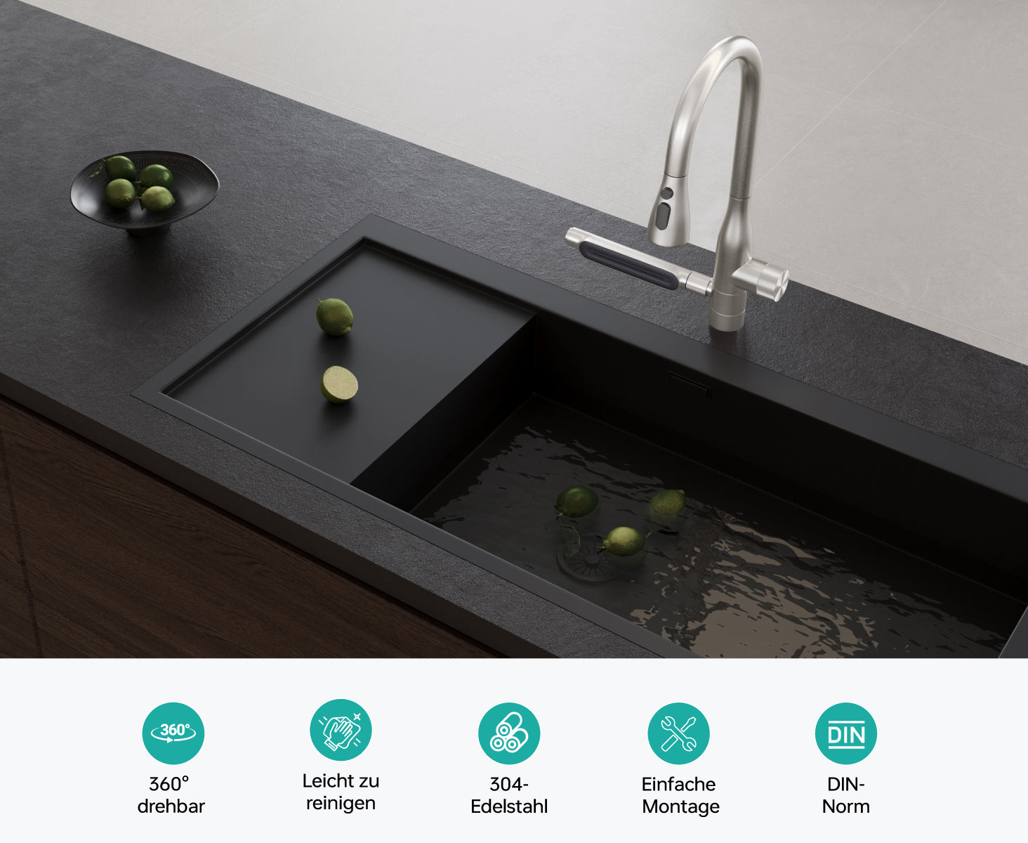glasvilla Wasserhahn Küche mit Wasserfallstrahl, Spültischarmatur Küchenarmatur, Mischbatterie mit Einhebelmischer 360° Schwenkbar, Küchenwasserhahn aus Edelstahl Silber Turnix-03