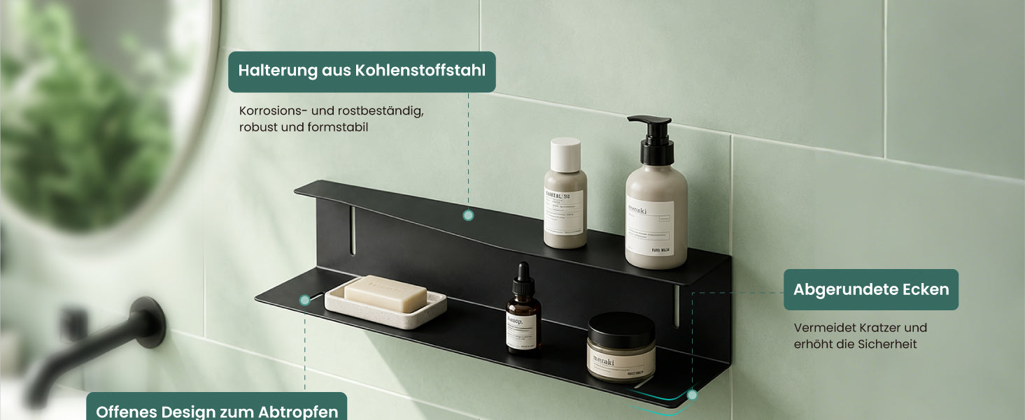 glasvilla Mensola da Parete Multifunzionale, Mensola Doccia in Acciaio al Carbonio Antiruggine, Installazione con Foratura o Adesivo, Adatta per Bagno e Cucina, Reglo-15