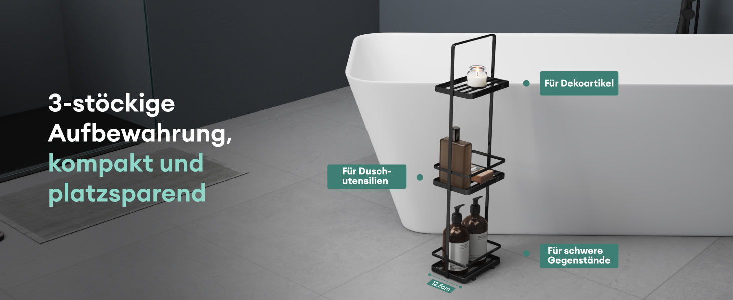 Étagère de salle de bain Glasvilla, étagère sur pied, rangement de salle de bain en métal à 3 niveaux, étagère étroite, 18 x 12,5 x 67,3 cm, Reglo-02