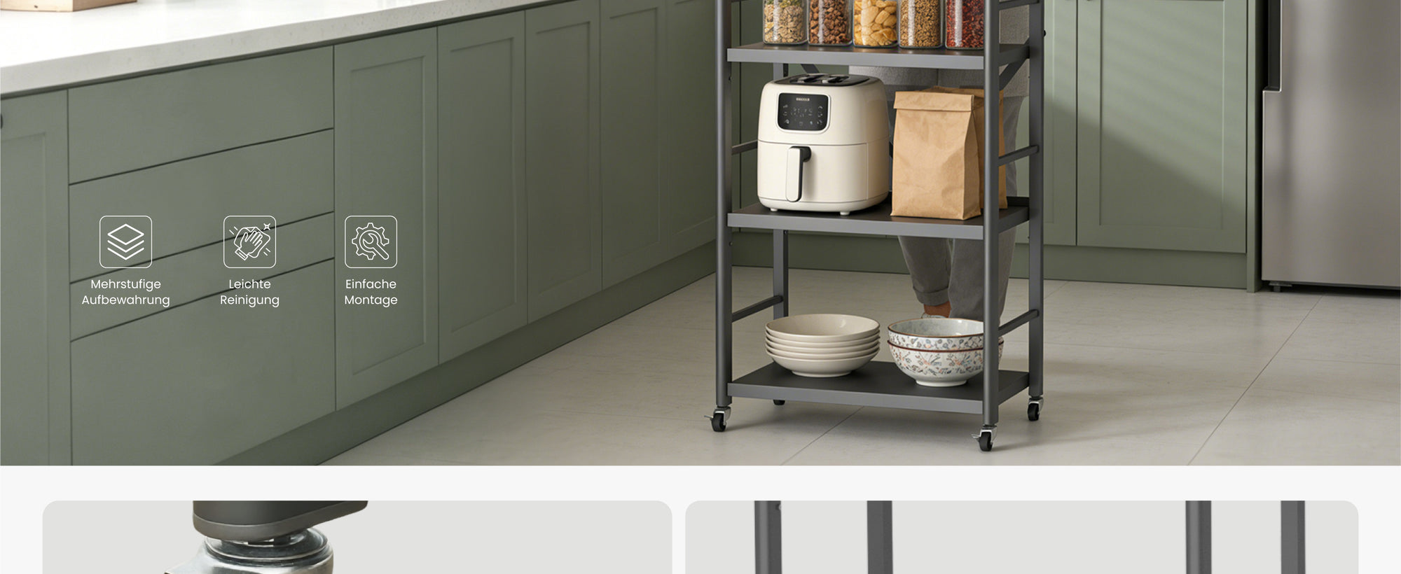 Glasvilla Scaffale da Cucina a 4 Ripiani con Ruote, Carrello da Cucina in Metallo Pieghevole, 4 Ganci Laterali, Portaoggetti per Condimenti, Pentole e Elettrodomestici, Grigio, 60x41x125cm, Reglo-13