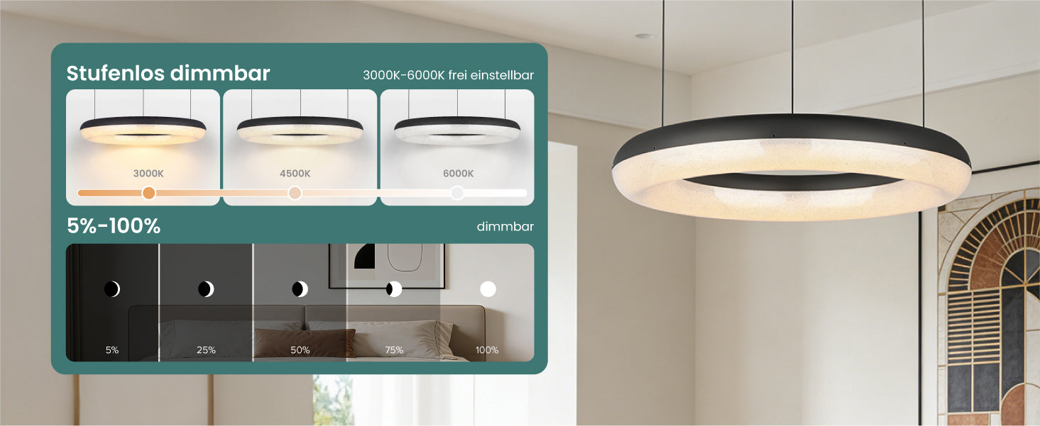 glasvilla Lampadario Sospensione, Lampada 3000-6000K con Filo 170 CM, Altezza Regolabile, Lampada da Soffitto a Sospensione per Camera da Letto, Cucina e Soggiorno, Luvina03