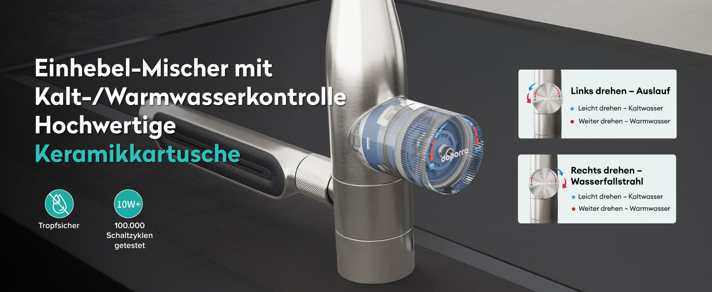 glasvilla Wasserhahn Küche mit Wasserfallstrahl, Spültischarmatur Küchenarmatur, Mischbatterie mit Einhebelmischer 360° Schwenkbar, Küchenwasserhahn aus Edelstahl Silber Turnix-03