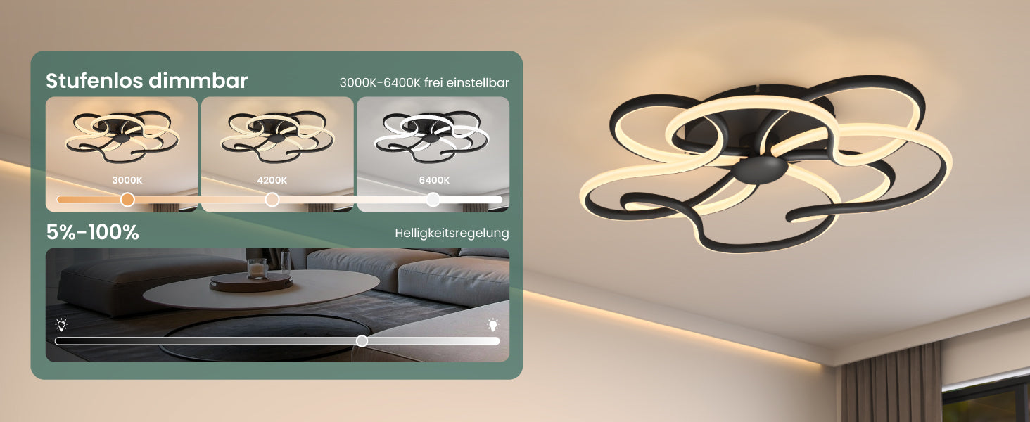 glasvilla LED Deckenleuchte Deckenlampe mit Fernbedienung 64cm, Stufenlos dimmbar 3000-6400K, Zimmerlampe 112W Schwarz für Schlafzimmer, Wohnzimmer, Arbeitszimmer, Flur Alivetta25036