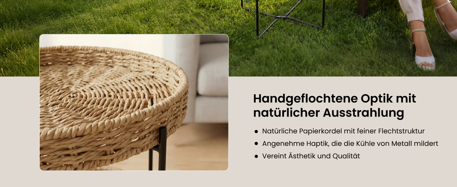 glasvilla Beistelltisch rund , Couchtisch klein mit abnehmbarem Tablett aus Papierkordel, Sofatisch für Wohnzimmer, Schlafzimmer und Balkon,  Reglo-08
