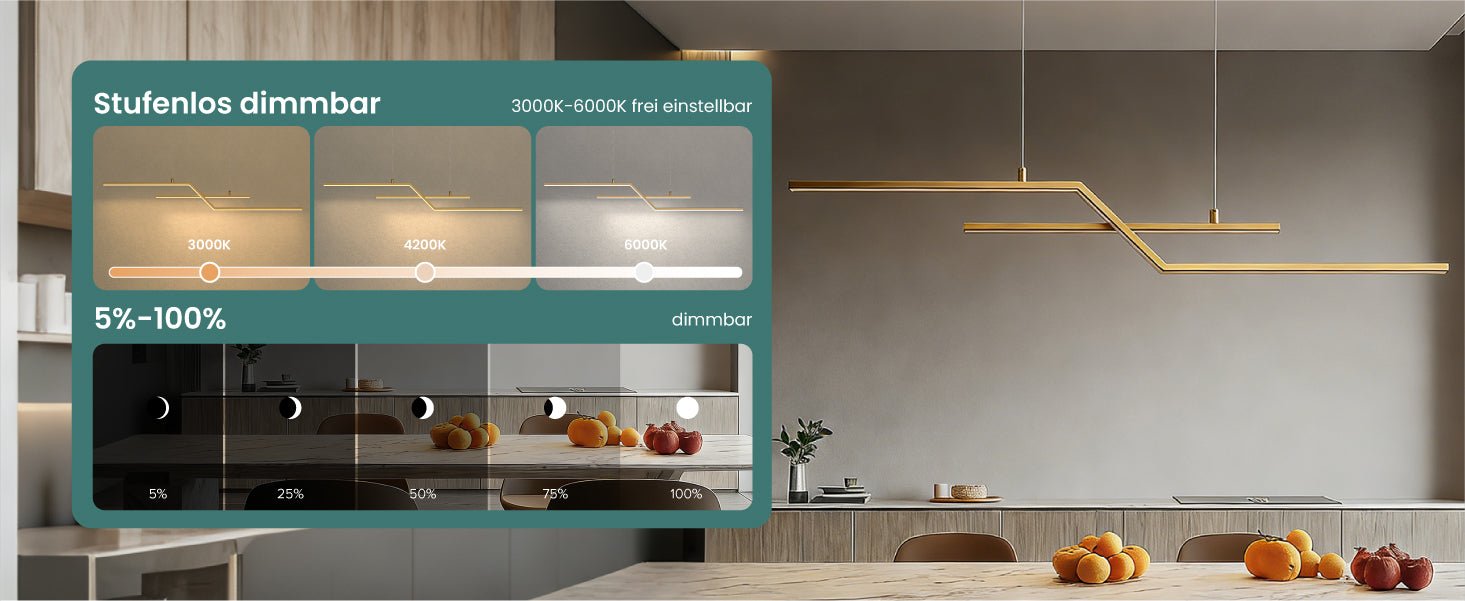 Glasvilla Design – Lámpara colgante LED lineal 105 cm, 3 temperaturas de color 3000K–6000K (18W)