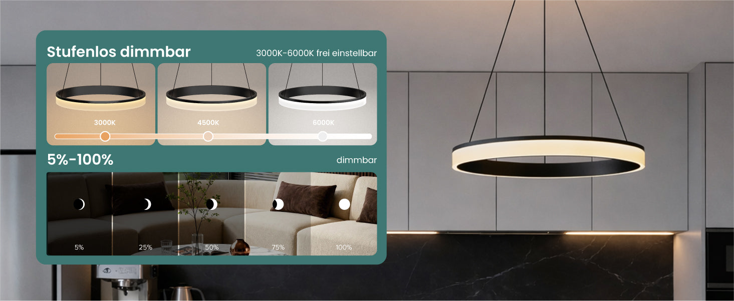 glasvilla Lampadario a Sospensione, Lampada 3000-6000K con Filo 110 CM, Altezza Regolabile, Lampada da Soffitto a Sospensione per Camera da Letto e Soggiorno, Luvina02
